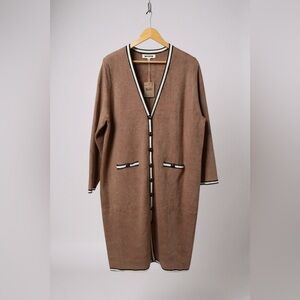 Boden Taupe Long Holly Cardigan Coat Contrast Trim Button Front Knit Jacket NWT